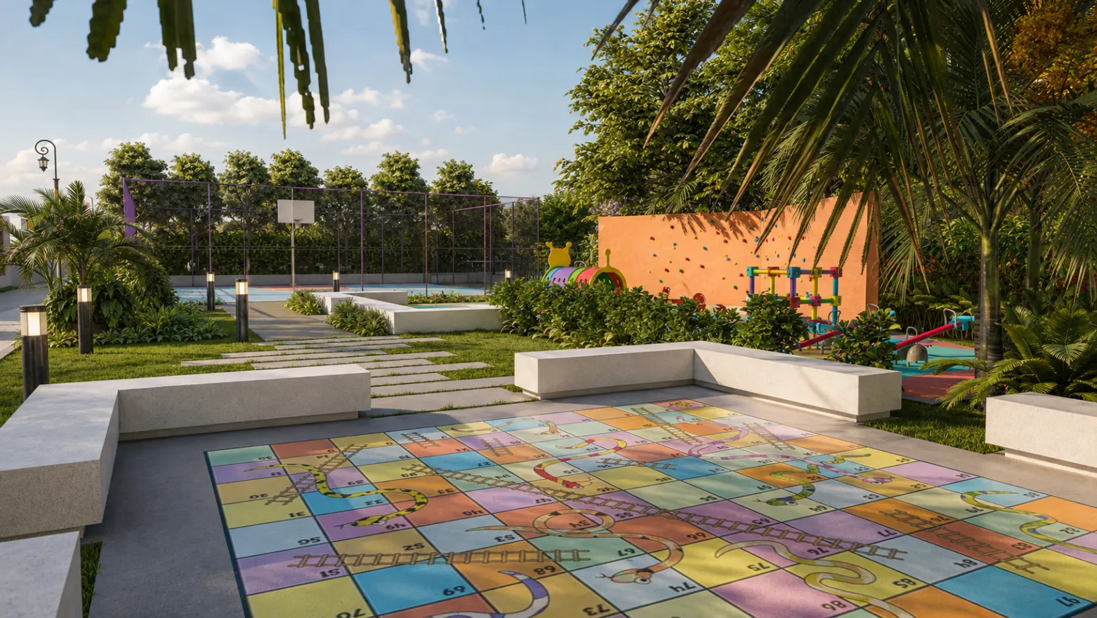 Children's play zone with a snakes-and-ladders floor game, climbing wall and sports court beyond