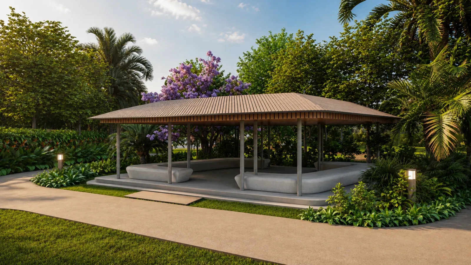 Open garden pavilion with a slatted timber roof and curved seating, framed by flowering trees
