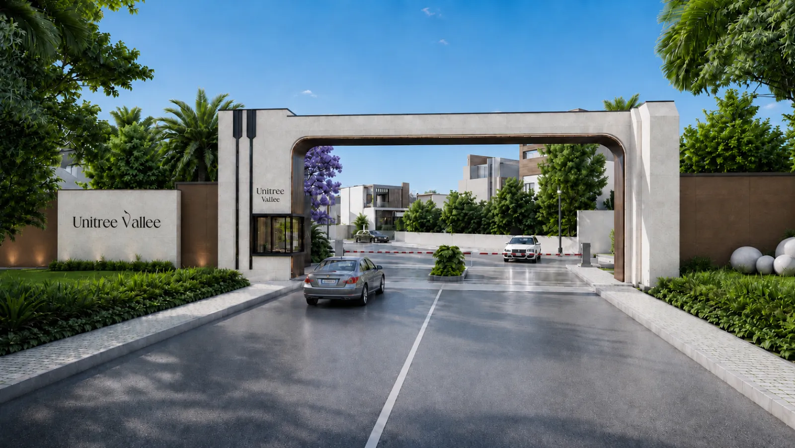 Grand gated entrance archway at Unitree Vallee