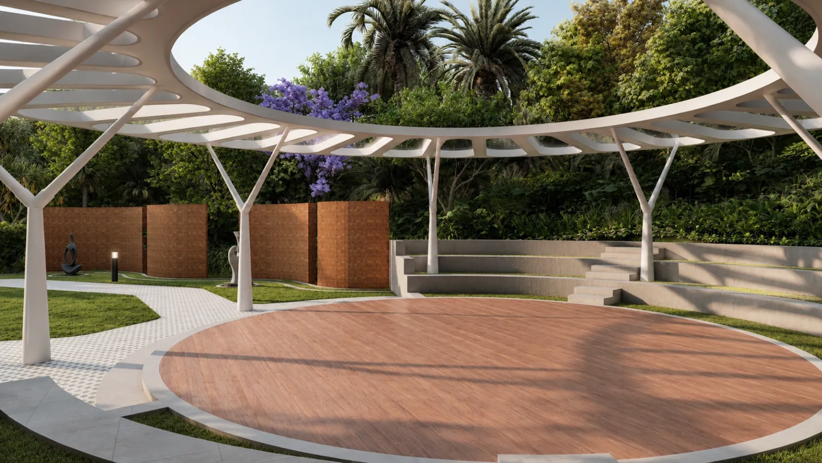 Open-air amphitheatre with a circular canopy over a timber stage and tiered seating