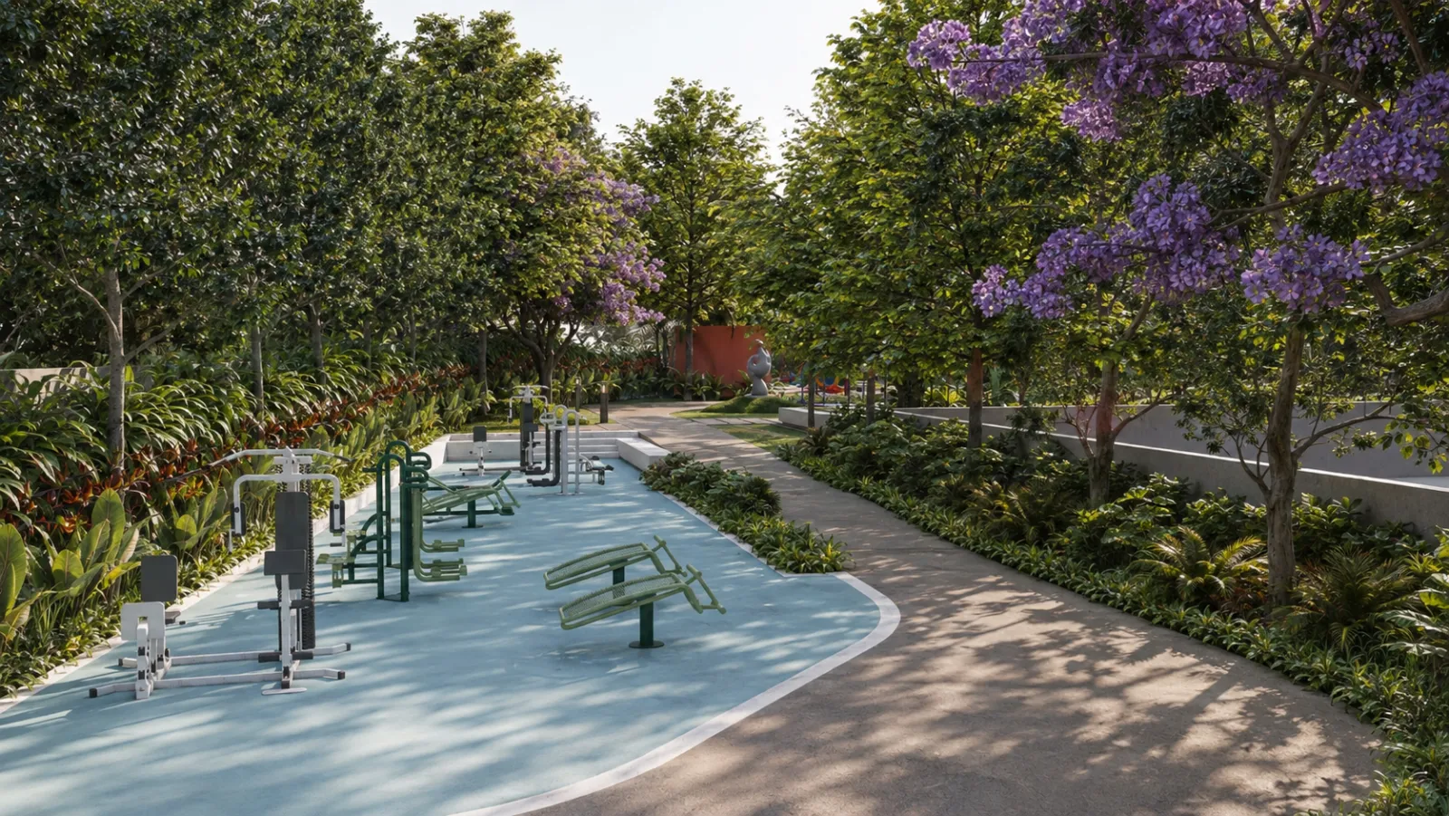 Open-air fitness zone with outdoor gym equipment along a landscaped garden walkway