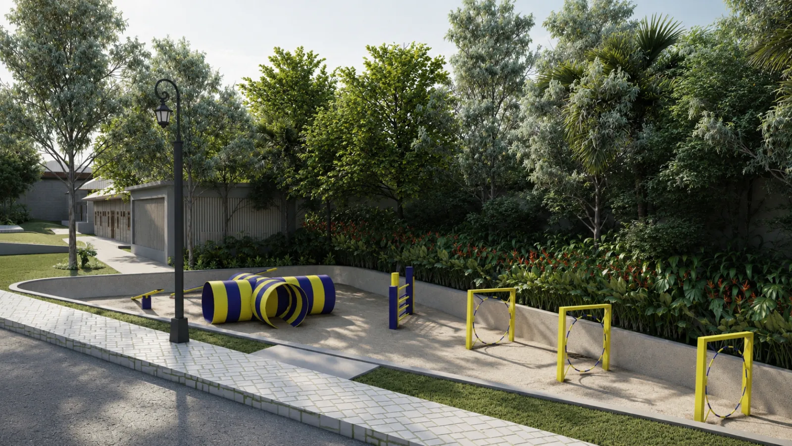 Dedicated pet activity zone with agility tunnels, hurdles and hoops beside a paved path