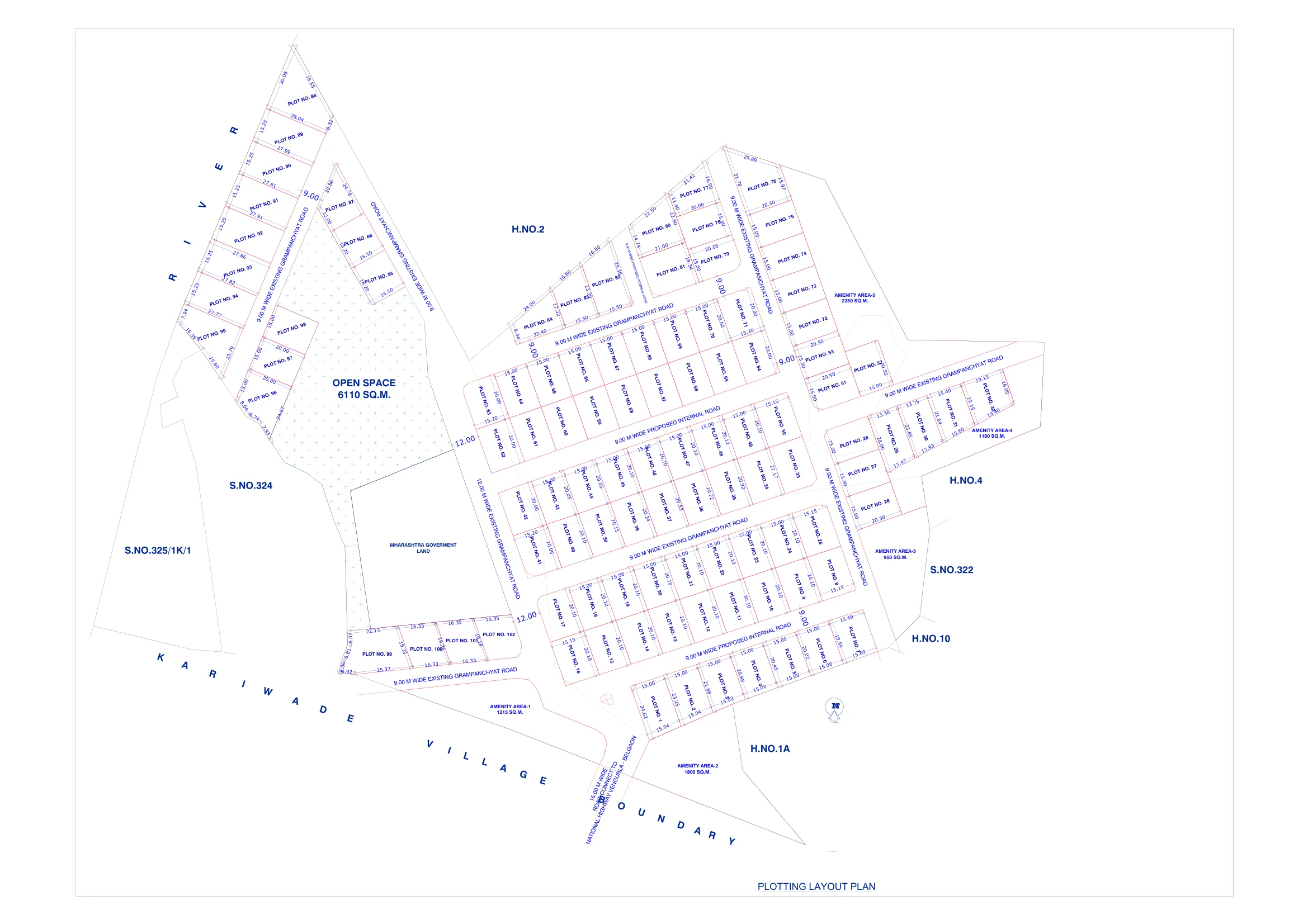 Plotting layout plan showing plot boundaries, internal roads and open spaces at Unitree Valley